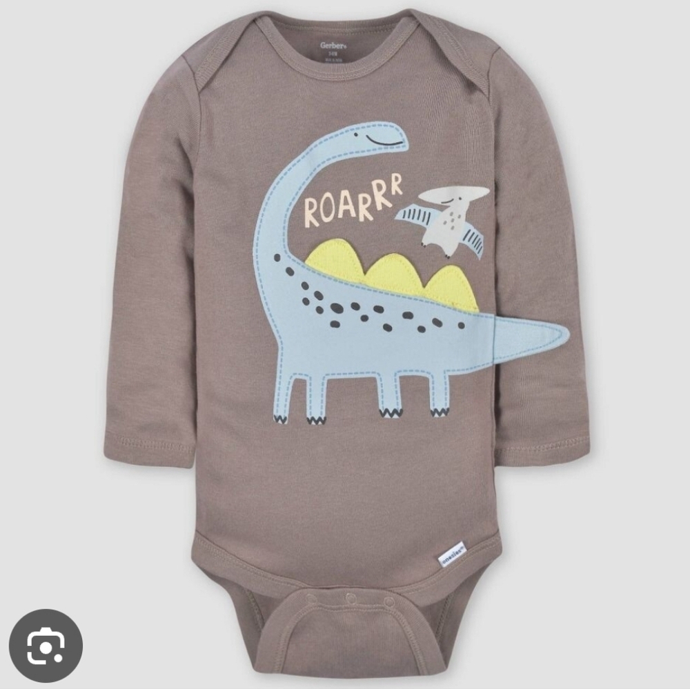 Gerber Baby Onesie Dinosaur Applique Bodysuit Chocolate Brown Newborn 0 - 3m
